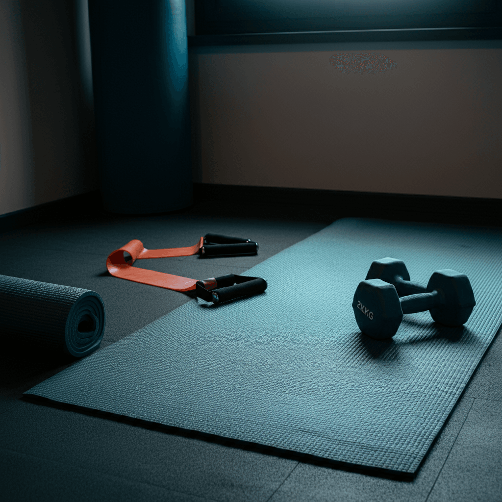 The Rise of At-Home Workouts: How to Stay Fit Without the Gym 4 A home gym setup with a yoga mat resistance bands and a set of dumbbells