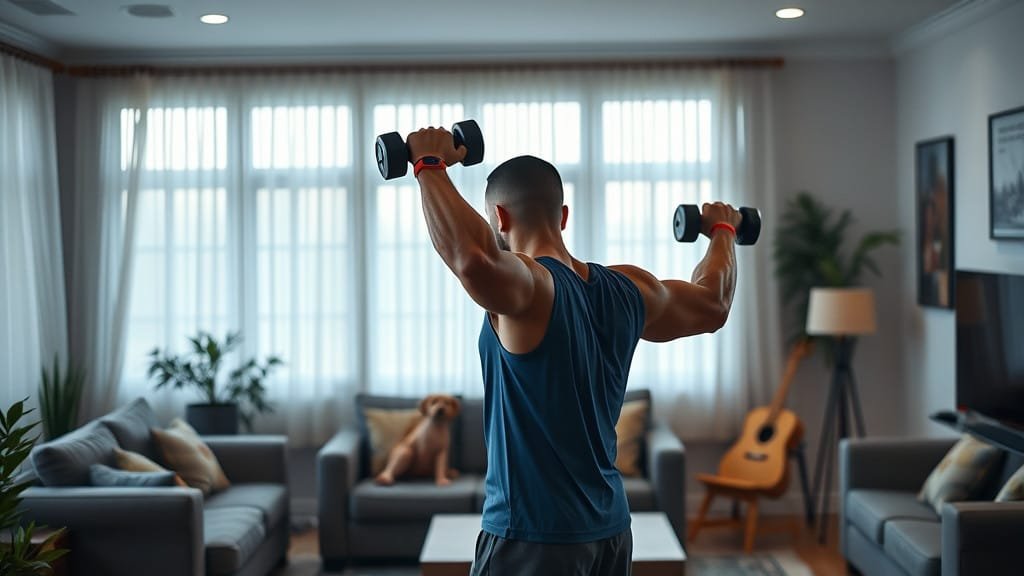 The Rise of At-Home Workouts: How to Stay Fit Without the Gym 5 A person lifting weights in their living room