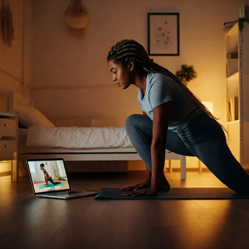 The Rise of At-Home Workouts: How to Stay Fit Without the Gym 3 A person practicing yoga in their bedroom