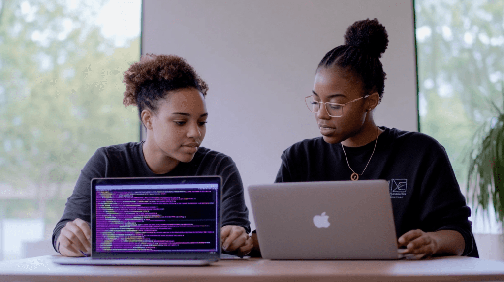 Coding for Beginners: Where to Start and How to Stay Motivated 4 dsptl Cinematic hyper realistic Two individuals sitting at a ta 932be236 5424 4ab3 8463 e795b39966ba