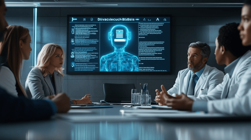 The AI Revolution in Healthcare: How Artificial Intelligence is Transforming Patient Care and Medical Research 2 dsptl Cinematic photo realistic A boardroom discussion between faabacff a40f 4813 8707 2a86ea073f69