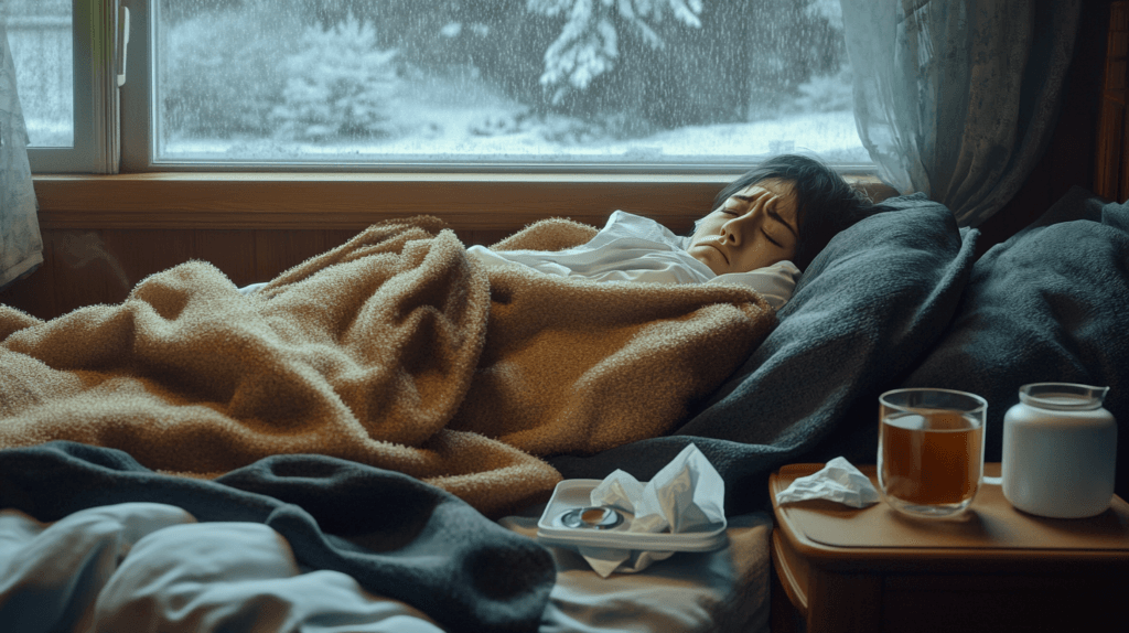 Flu Season is Here: Protecting Yourself and Your Family from the Influenza Virus 1 dsptl Cinematic photo realistic A person lying in bed at home l 1c0e4128 5c21 4e19 b41f 06e0111e6ade
