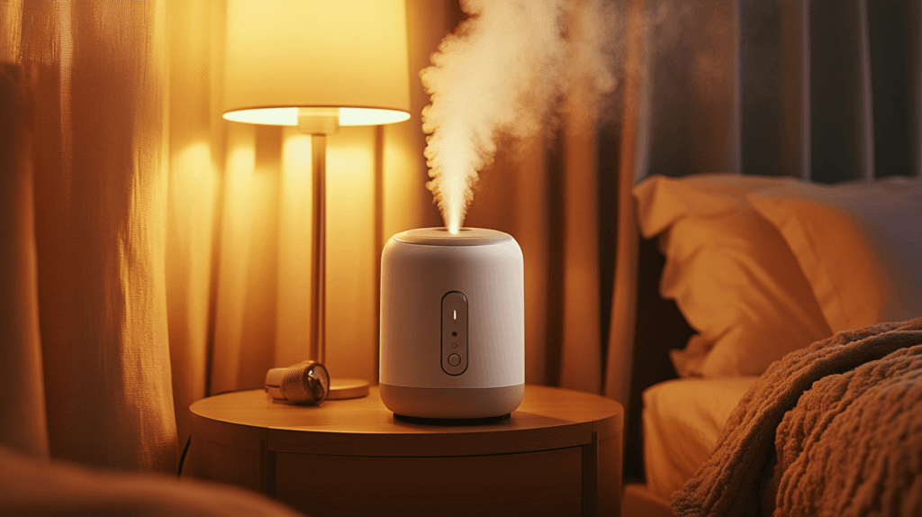 Winter Skin SOS: Protect and Nourish Your Skin During the Cold Months 5 dsptl Hyper realistic A humidifier on a nightstand in a cozy be b8735f91 9d6d 4b7c 9d3b 1ec2d16fc18d