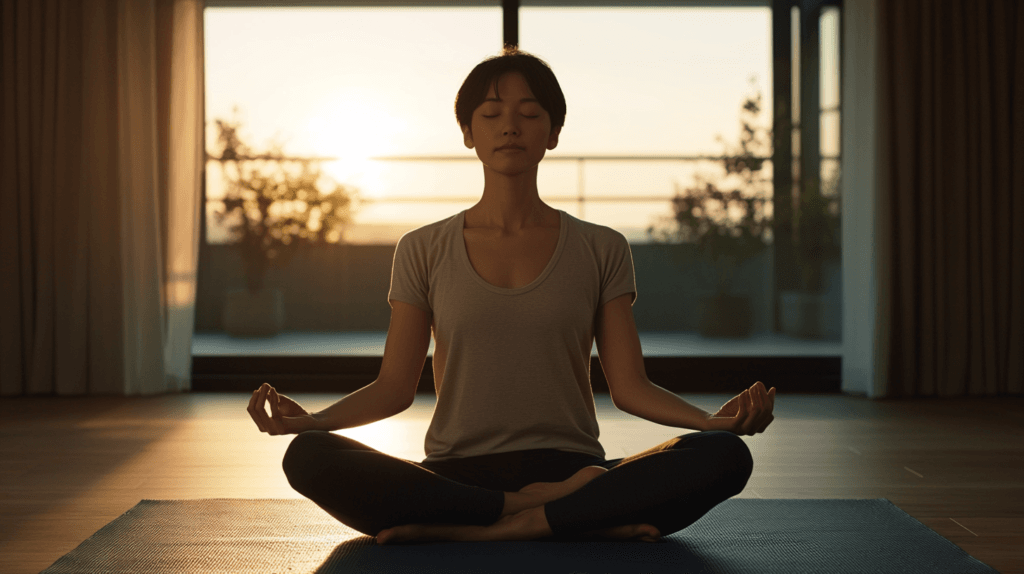 Mastering the Art of Remote Work: Proven Strategies for Productivity and Well-being 8 dsptl Hyper realistic A person sitting cross legged on a yoga m 61d93099 68d8 4cdf a464 1820ea432752