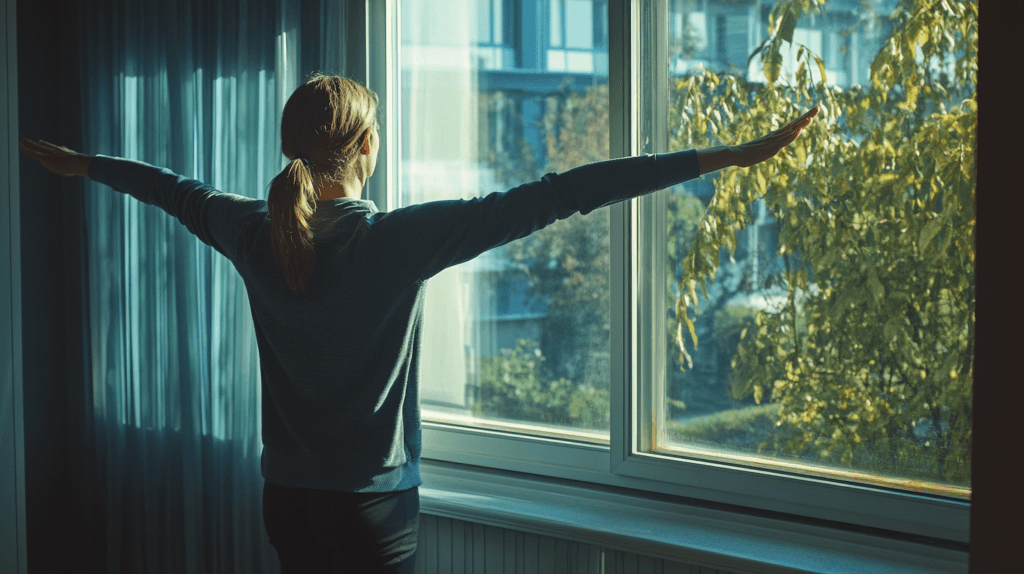 Mastering the Art of Remote Work: Proven Strategies for Productivity and Well-being 5 dsptl Hyper realistic A person standing by a window stretching 992539dc 1d14 4b2a b9c2 244e9c4e5058