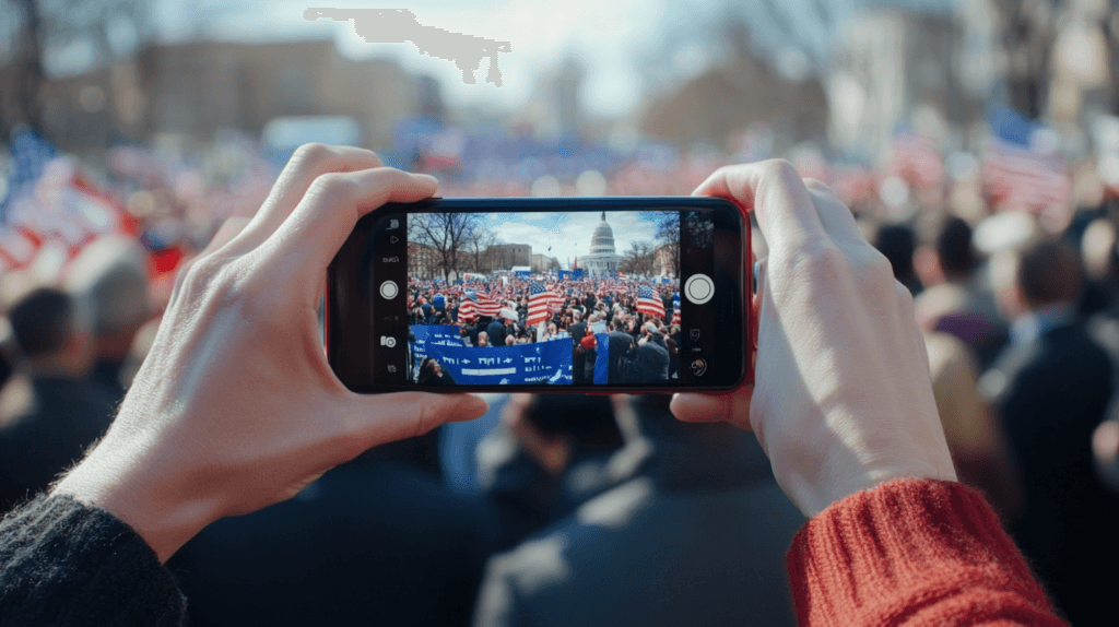 Social Media and the Political Landscape: Influence, Disinformation, and the Future of Democracy 1 dsptl Hyper realistic A person taking a photo or video of a pol c702defb cf9b 4e53 bef5 014252aca395